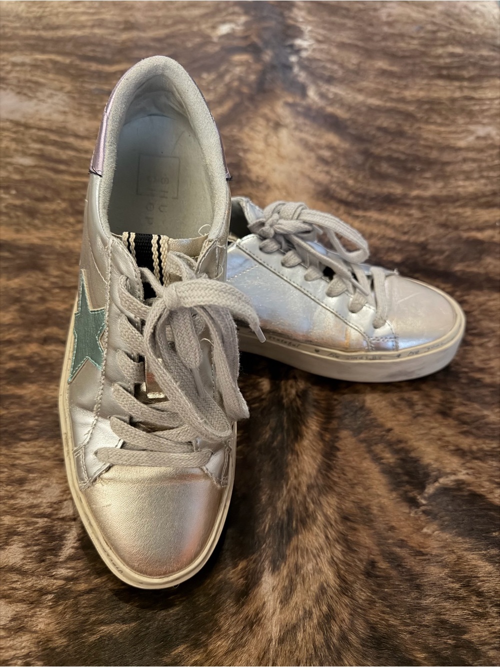 ShuShop Silver Metallic Lace-Up Sneakers with Teal Star